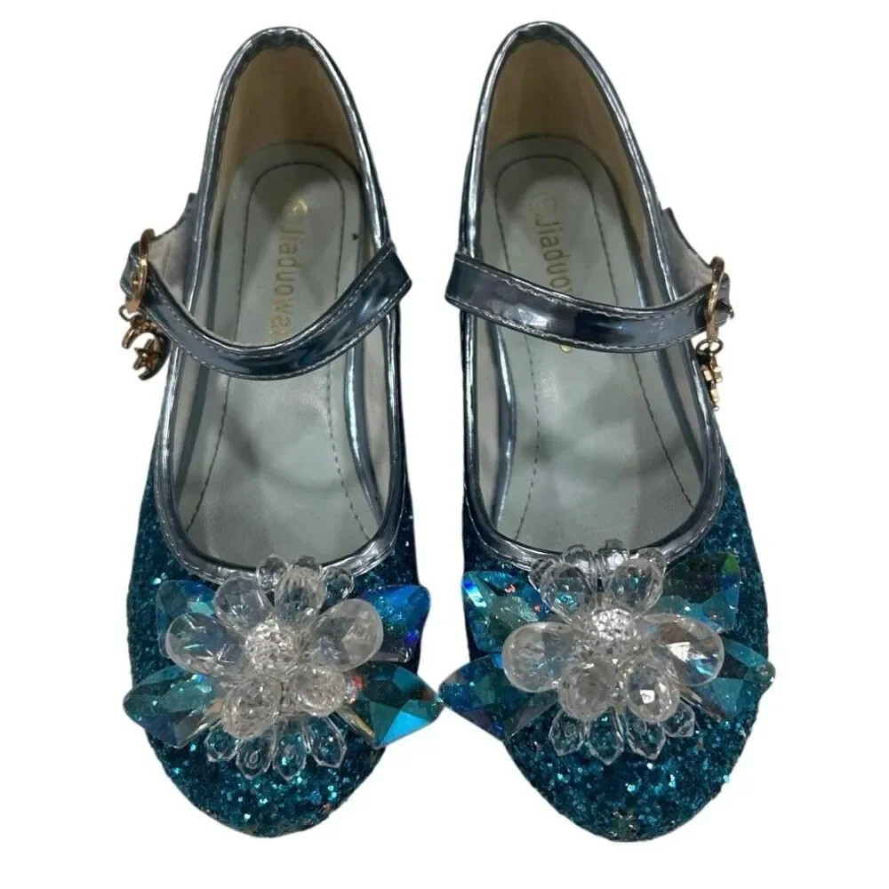 NWOT Jiadowang Dance Shoes Girls Size 31 Blue Glittered Crystal Flower Accent